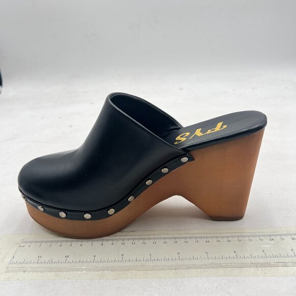 FYS Black Round Toe Slip on Mules Rivet Studded High Heel Wedges Fashion Shoes - Picture 2 of 8